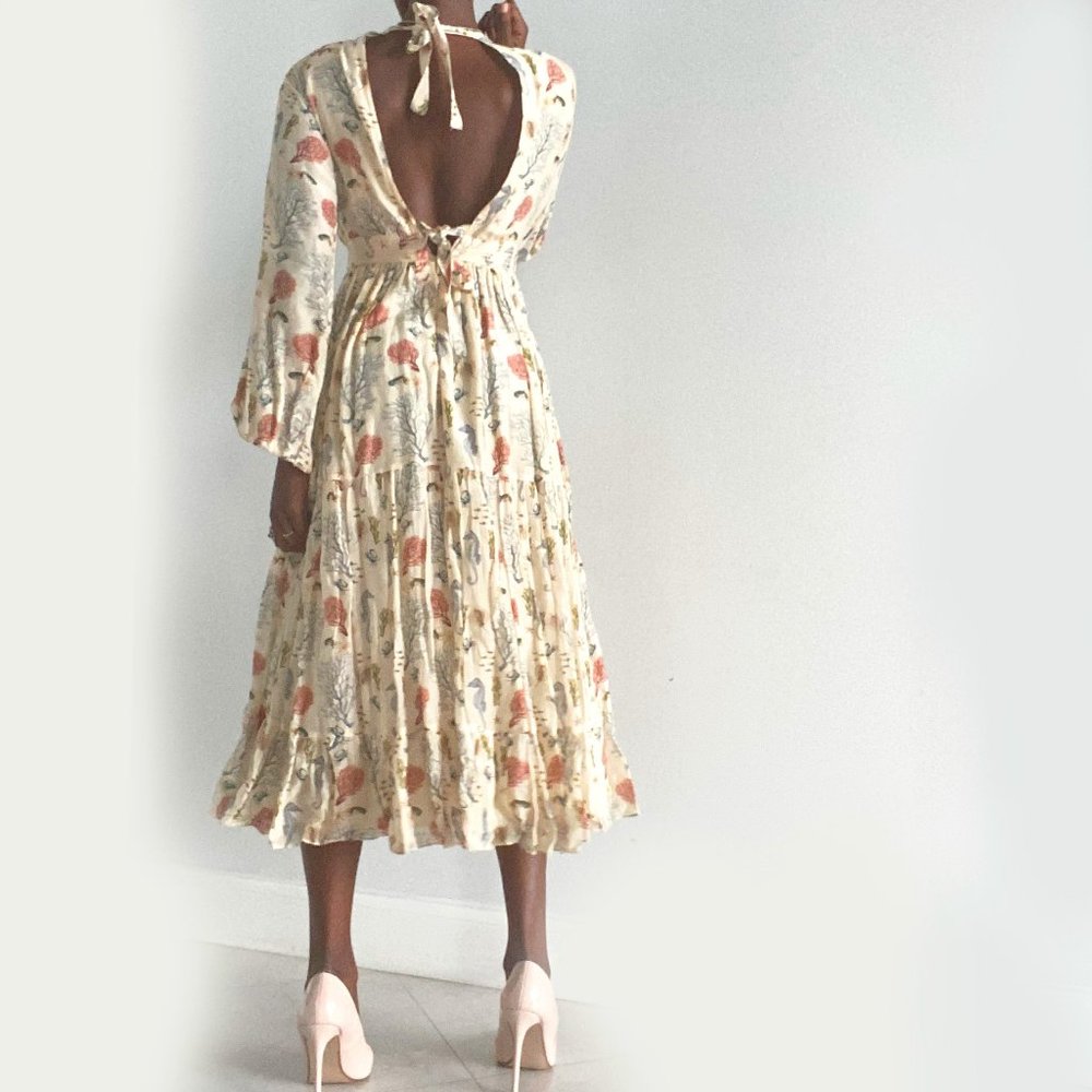 Seashell Printed Long Sleeve Resort Dress